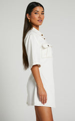 Leilani Mini Dress - Denim Short Sleeve Button Up Dress with Gold Hardware in ECRU