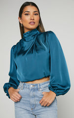 Lila Top - High Neck Draped Satin Long Sleeve Blouse in Teal