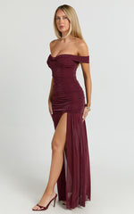 Lilliana Maxi Dress - Glitter Tulle Off Shoulder Tie Front Ruched High Split Dress in Wine