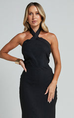 Maelynn Midi Dress - Linen Twist Halter Neck Low Back Slip Dress in Black