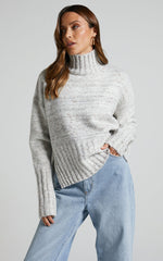 Maleesha Jumper - Oversized Turtle Neck Knit Jumper in Grey Marle