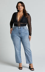 Masharie Bodysuit - Plunge Neck Open Back Lace Bodysuit in Black