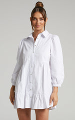 Maulee Mini Dress - Frill Hem Shirt Dress in White