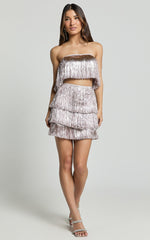 Peggy Two Piece Set - Fringe Strapless Top and Mini Skirt Set in Pink
