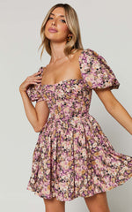 Phorchia Mini Dress - Fit and Flare Puff Sleeve Corset Dress in Noir Fleur Print