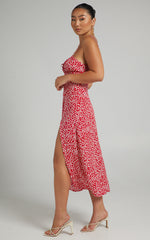 Willa Midi Dress - Ruched Bust Thigh Split Dress in Red Floral