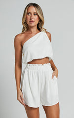 Raylene Two Piece Set - Linen Knotted One Shoulder Top and Paper Bag Waist Shorts in White