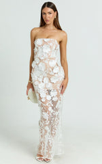 Sienna Maxi Dress 3D Floral Strapless Column Dress in White