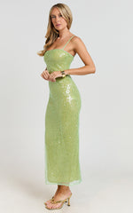 Sierra Midi Dress - Sequin Square Neck Bodycon Dress in Green