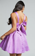 Stephanie Mini Dress - Satin Square Neck Tie Back Dress in Orchid