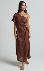 Victoria Midi Dress - Linen One Shoulder Puff Sleeve Cut Out Dress in Chocolate