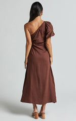Victoria Midi Dress - Linen One Shoulder Puff Sleeve Cut Out Dress in Chocolate