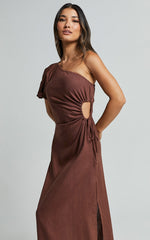 Victoria Midi Dress - Linen One Shoulder Puff Sleeve Cut Out Dress in Chocolate