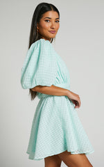 Xandy Mini Dress - Textured Puff Sleeve Plunge Dress in Mint