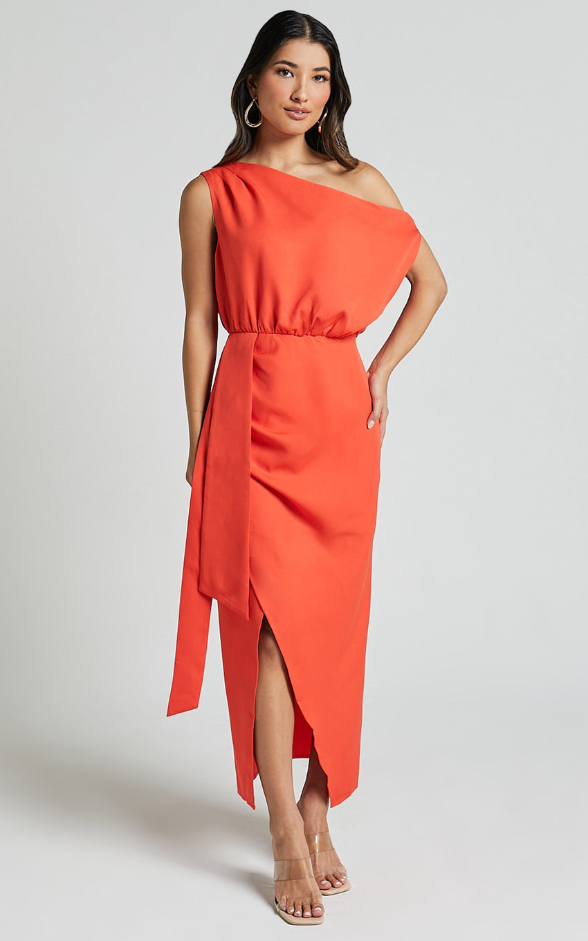 Zuri Midi Dress - One Shoulder Wrap Dress in Orange